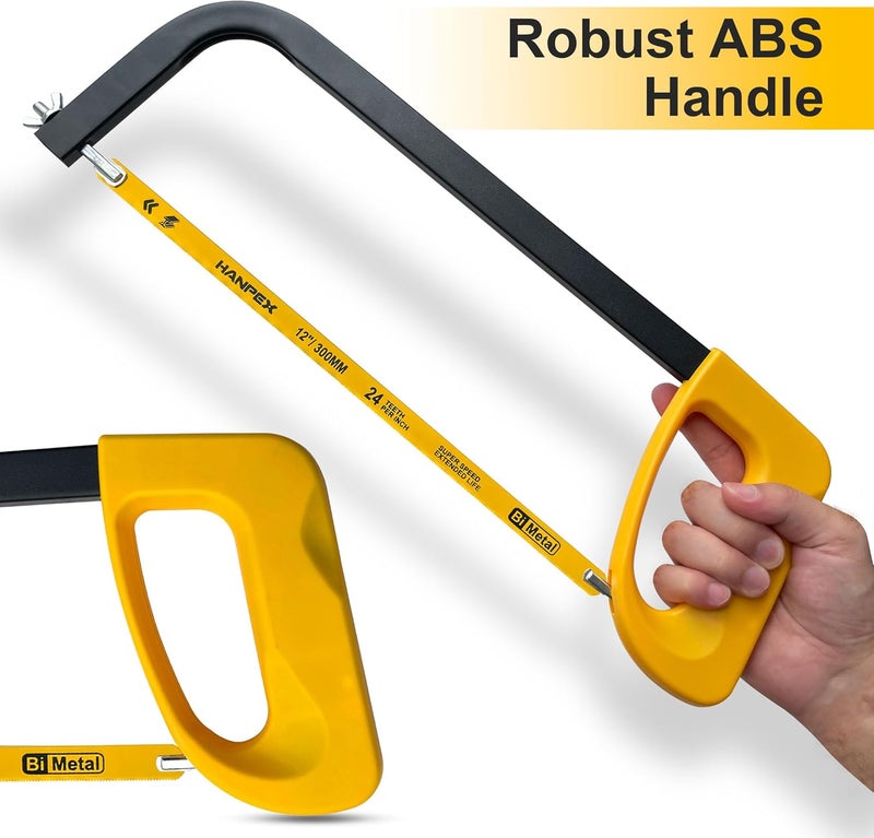 Hanpex 12in. High-Tension Hacksaw Frame with 24 TPI Bi-metal Blade, Hand Saw Suitable for Metal, wood, PVC, Carpentry - Image 3